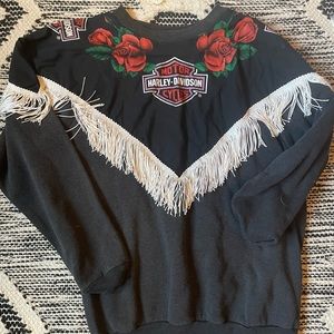 Harley Davidson Roses Fringe Crewneck